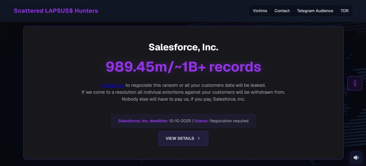 Scattered LAPSUS$ Hunters Claim Salesforce Breach, 1B Records, 39 Firms Listed AttackFeed by Joe Wagner | Scattered LAPSUS$ Hunters Claim Salesforce Breach, 1B Records, 39 Firms Listed  - Hackread – Latest Cybersecurity, Hacking News, Tech, AI & Crypto
